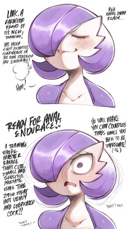 ambiguous_gender blush bodily_fluids dialogue exclamation_point eyelashes imminent_anal imminent_sex master mouth_closed multicolored_body offscreen_character open_mouth pink_eyes purple_body sex simple_background smile solo surprise_buttsex surprise_sex sweat text white_background white_body saltyxodium nintendo pokemon gardevoir generation_3_pokemon humanoid pokemon_(species) 2025 broken_language english_text hi_res male_(lore)