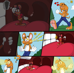 3_toes 4_fingers anthro big_feet cartoon_gloves cartoon_physics cheek_bulge claws dazed dizzy_eyes duo eyebrows eyewear feet fingers glasses heart_symbol inside_mouth macro male male/male mawplay micro pawpads paws red_tongue slapstick slapstick_humor soft_vore soles tail thick_tongue toe_claws toes tongue toony toony_moment uvula uvula_play vore wide_tongue doggydog angry_sun doggydog_(character) roderick_(tamerkoh) toon_doggydog_(doggydog) canid canine canis domestic_dog lagomorph leporid mammal rabbit comic hi_res