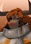 2_horns anthro armor clothed clothing female hair heterochromia horn long_hair looking_at_viewer orange_hair simple_background smile smiling_at_viewer solo three-quarter_view makumba bovid bovine cattle mammal bust_portrait digital_media_(artwork) hi_res portrait