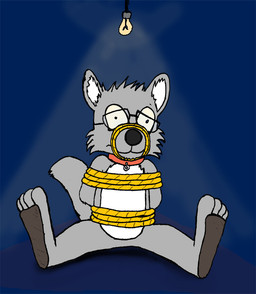 anthro biped blue_background bound collar eyewear featureless_crotch feet front_view glasses hindpaw light_bulb male muzzle_(object) muzzled nude paws rope sad simple_background sitting solo submissive submissive_male tail scurrow canid canine canis mammal wolf 2009 digital_media_(artwork) full-length_portrait portrait