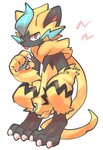 ambiguous_gender anthro black_body black_markings blue_eyes blue_markings chest_tuft claws digitigrade fur lightning_whiskers looking_at_viewer markings neck_tuft solo tongue tongue_out tuft yellow_body yellow_fur co_asomasom nintendo pokemon generation_7_pokemon legendary_pokemon pokemon_(species) zeraora absurd_res hi_res