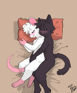 ambiguous/ambiguous ambiguous_gender anthro bed bed_sheet bedding bedding_background black_body black_eyebrows black_fur black_hair black_inner_ear black_inner_ear_fluff black_nose black_text blush circle_eyebrows closed_smile eyebrows feet fur furniture hair hands_in_lap inner_ear_fluff logo lying mouth_closed on_bed on_side pillow pink_feet pink_hands pink_inner_ear pink_nose pink_tail simple_background smile spooning tail tan_background text tuft white_body white_eyebrows white_fur white_hair bell_koji domestic_cat felid feline felis mammal mouse murid murine rodent 2024 artist_logo artist_name hi_res