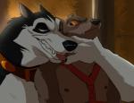 anthro bedroom_eyes blue_eyes claws collar duo eye_contact fur grabbing_from_behind grin hand_on_neck harness looking_at_another male male/male mature_anthro mature_male narrowed_eyes nipples rape_face seductive smile tongue tongue_out captainskee balto_(series) universal_studios balto steele_(balto) alaskan_malamute canid canine canis domestic_dog hybrid mammal nordic_sled_dog spitz wolf wolfdog