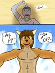 3:4 beach canid canine canis clothed clothing comic coyote dialogue duo english_text first_person_view fish fuze hi_res ian_dela_cruz lying male mammal marine mond_reyes nipples on_back seaside shark shirt t-shirt texnatsu text topless topwear