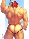 abs anthro armor barazoku biceps big_butt butt clothed clothing green_eyes hair headgear helmet jockstrap jockstrap_only looking_at_viewer male muscular muscular_anthro muscular_male orange_body red_hair simple_background solo topless underwear underwear_only alvedo_vhiich bandai_namco digimon digimon_(species) scalie wargreymon absurd_res digital_media_(artwork) hi_res