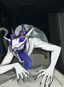 ambiguous_gender blue_tongue front_view fur glistening glistening_eyes horn inside looking_at_viewer mouth_shot no_sclera open_mouth pupils purple_eyes purple_horn sharp_teeth slit_pupils solo tail teeth teratophilia tongue tongue_out white_body white_ears white_fur white_tail acidic synx hi_res nonbinary_(lore)