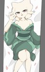 2024 anthro border breasts chinese_description claw_pose clawed_fingers claws cleavage clothed clothing collarbone dakimakura dakimakura_design digital_drawing_(artwork) digital_media_(artwork) felid feline female finger_claws fur green_clothing green_robe grey_border hair heng_(nine_sols) high-angle_view knock-kneed liqueurmask looking_at_viewer lying mammal medium_breasts nine_sols on_back on_pillow open_mouth open_smile pillarbox pillow portrait prick_ears red_candle_games red_eyes red_leaves robe robe_only smile solarian solo three-quarter_portrait white_body white_fur white_hair wide_sleeves