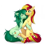 cutie_mark duo eyes_closed female feral fur green_body green_fur horn hug looking_at_another simple_background smile white_background yellow_body yellow_fur buvanybu equestria_girls hasbro my_little_pony mythology sunset_shimmer_(eg) wallflower_blush_(eg) earth_pony equid equine horse mammal mythological_creature mythological_equine pony unicorn 1:1 hi_res