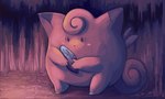 black_eyes blush cave curled_tail evolutionary_stone fur holding_object moon_stone open_mouth pink_body pink_fur tail wings vexnir nintendo pokemon clefairy generation_1_pokemon pokemon_(species) 5:3