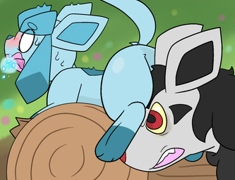 black_body black_fur blue_body blue_fur blush female feral fur grey_body grey_fur log male open_mouth red_eyes surprised wood blackravebow nintendo pokemon bowtirage yumi_(blackravebow) eeveelution generation_3_pokemon generation_4_pokemon glaceon mightyena pokemon_(species) aliasing digital_media_(artwork)