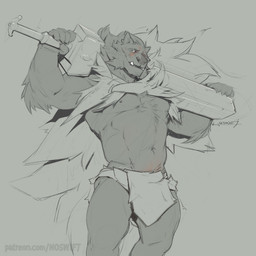 anthro fangs fur looking_at_viewer male melee_weapon muscular muscular_anthro muscular_male navel nipples pecs smile solo standing sword teeth weapon no_swift elden_ring fromsoftware blaidd_(elden_ring) canid canine canis mammal wolf 1:1 absurd_res hi_res monochrome
