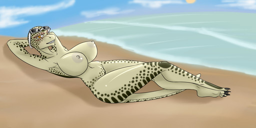 3_toes anthro beach big_breasts black_claws breasts claws cloud day eyewear feet female genitals glasses green_body green_nipples innie_vulva looking_at_viewer lying navel nipples non-mammal_nipples on_back orange_eyes outside sand sharp_teeth solo spots sun tail teeth toes vulva water pi9o microsoft the_elder_scrolls argonian scalie 2:1 shaded