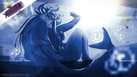 anthro blue_body bright_light bubble female fin glistening glistening_body hair long_hair nude smile solo tail magnamorpha microsoft minecraft mojang xbox_game_studios animal_humanoid aquatic aquatic_humanoid fish fish_humanoid humanoid salmonid_(fish) 16:9 hi_res widescreen