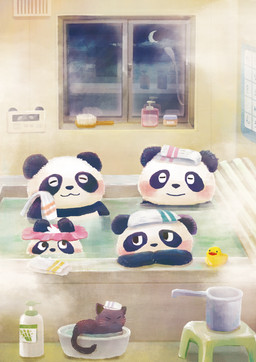 anthro bathing bathroom black_body black_fur blush chibi detailed_background eyes_closed fur group moon multicolored_body multicolored_fur night sitting towel two_tone_body two_tone_fur water white_body white_fur araru bear domestic_cat felid feline felis giant_panda mammal 2020 hi_res