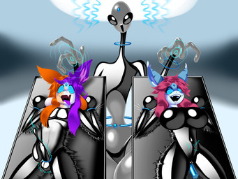 accessory ambiguous_gender anthro big_breasts black_latex blue_body blue_fur bodily_fluids breasts clothing cock_ring condom condom_suit dildo drooling ejaculation female filled_condom fur gem glistening glistening_body grey_body group hair jewelry latex latex_clothing latex_skinsuit long_hair male mind_control orange_body orange_fur orange_hair penis_accessory penis_jewelry pink_hair purple_hair saliva sex_toy sexual_barrier_device simple_background skinsuit small_waist smile spiral spiral_eyes suit telekinesis tight_clothing tongue tongue_out trio vacuum_bed white_body white_fur sillyseacreatur j8-bit_(cakebatterbossmonster) alien mammal 4:3 hi_res nonbinary_(lore)
