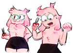 :3 anthro black_bottomwear black_clothing black_shorts bodily_fluids bottomwear chest_tuft clothing cute_fangs eyelashes eyewear fangs femboy fluffy fluffy_chest glasses glistening glistening_nipples head_tuft horn humor male nipples personal_grooming pink_eyes pink_horn regret scissors shorts simple_background solo sweat sweatdrop teeth trimming_(grooming) tuft white_background wide_hips v_rawr deltarune tsukihime type-moon undertale_(series) neco-arc ralsei bovid caprine darkner goat mammal