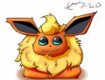 :3 ambiguous_gender black_inner_ear black_nose blue_eyes chest_tuft chibi feral fluffy fur long_ears looking_at_viewer lying on_front orange_body orange_fur smile smiling_at_viewer solo tuft wide_eyed yellow_body yellow_fur xerawraps nintendo pokemon canid canine eeveelution flareon generation_1_pokemon mammal pokemon_(species) 2013 absurd_res hi_res