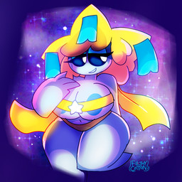 anthro areola areola_slip big_breasts blonde_hair blue_areola blue_eyes blue_eyeshadow breasts clothed clothing eyelashes eyeshadow female hair huge_breasts makeup navel panties sky smile solo space star starry_sky thick_thighs underwear white_body wide_hips filthycottonart unfortu-nate nintendo pokemon winona_(unfortu-nate) generation_3_pokemon jirachi legendary_pokemon pokemon_(species) 1:1 2026 digital_media_(artwork) hi_res