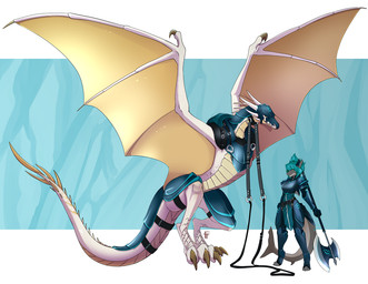 anthro axe battle_axe clothed clothing duo female feral holding_object holding_weapon horn male melee_weapon membrane_(anatomy) membranous_wings spines tail weapon wings firetally european_mythology mythology aquatic dragon fish mythological_creature mythological_scalie scalie shark western_dragon wyvern 2019