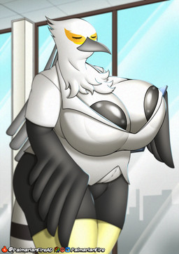 anthro barely_visible_nipples beak belly big_breasts black_nipples bottomwear breasts cleavage clothed clothing dark_nipples female huge_breasts mature_female nipples overweight secretary skirt solo thick_thighs wings palmarianfire aggretsuko sanrio secretary_washimi accipitriform avian bird secretary_bird hi_res