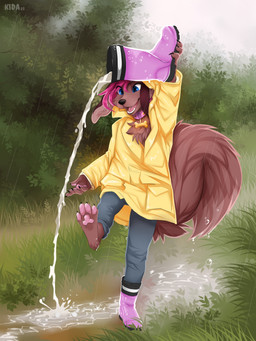 ambiguous_gender anthro boots clothing collar ears_down footwear forest grass leaf paws pivoted_ears plant raining shoes solo tail tree kidaoriginal john_(anatolyfox) canid canine fennec_fox fox mammal true_fox 3:4 absurd_res hi_res