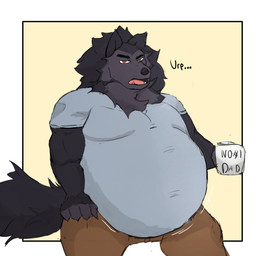 anthro belly big_belly black_body black_fur bottomwear brown_bottomwear brown_clothing brown_pants clothing container cup fluffy fluffy_tail fur holding_container holding_cup holding_mug holding_object looking_at_viewer male mane mug musclegut muscular muscular_anthro muscular_male narrowed_eyes neck_tuft open_mouth overweight overweight_anthro overweight_male pants pecs pink_tongue red_eyes solo tail tight_clothing tongue tuft nationfox i_think_i_like_you mythology aris_(i_think_i_like_you) canid canid_demon canine canis demon hellhound mammal mythological_canine mythological_creature wolf 1:1 hi_res