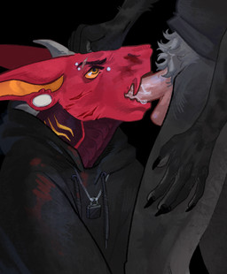 anthro blood blood_in_mouth blood_on_face bodily_fluids clothing duo ear_piercing eyebrow_piercing facial_piercing facial_scar fellatio genitals grey_body hoodie horn jewelry lock male male/male nosebleed oral pendant penile penis piercing red_body scar sex shirt simple_background streaking sucking topwear wound_on_face wounded yellow_eyes ryan1111_(artist) mythology canid canine canis dragon mammal mythological_creature mythological_scalie scalie wolf digital_media_(artwork) hi_res