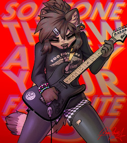 angry anthro band_shirt barbell_piercing beaded_jewelry beads bracelet circular_barbell_piercing clothing ear_piercing ear_ring electric_guitar eyes_closed facial_piercing female guitar jewelry kandi_(jewelry) multiple_piercings musical_instrument nose_piercing piercing playing_guitar playing_music plucked_string_instrument razor_blade ring_piercing septum_circular_barbell septum_piercing solo sticker string_instrument text rakurawr fender_musical_instruments_corporation foo_fighters radiohead stratocaster nicole_(rakurawr) canid canine canis domestic_dog mammal procyonid raccoon raccoon_dog tanuki hi_res