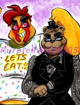 4_fingers anthro avian_caruncle beak black_bottomwear black_bow_tie black_clothing black_eyebrows black_eyelids black_nose black_pants black_topwear black_vest blue_eyes bottomwear bow_tie brown_body brown_fur brown_hair button_(fastener) chubby_cheeks clothed clothed_anthro clothed_female clothed_male clothing comb_(anatomy) crossgender dewlap_(anatomy) duo ear_piercing ear_ring electronics eye_contact eyebrows eyelashes feather_hands feathers female female_anthro fingers flexing flexing_bicep ftm_crossgender fully_clothed fully_clothed_anthro fully_clothed_female fur grey_dress_shirt hair half-closed_eyes head_crest holding_microphone holding_object larger_anthro larger_male light looking_at_another male male/female male_anthro microphone mtf_crossgender musclegut muscular muscular_anthro muscular_male narrowed_eyes orange_body orange_feathers overweight overweight_anthro overweight_male pants piercing pink_eyes purple_background red_hair ring_piercing shirt short_hair simple_background size_difference smaller_female smile smiling_at_another smiling_at_partner t-shirt text text_on_t-shirt thick_eyebrows toothy_grin topwear vest wattle whisker_spots white_clothing white_shirt white_t-shirt white_topwear yellow_beak cageyshick05_(artist) five_nights_at_freddy's scottgames chica_(fnaf) freddy_(fnaf) avian bear bird brown_bear chicken galliform gallus_(genus) mammal phasianid ursine 2016 artist_name colored_pencil_(artwork) english_description english_text lighting marker_(artwork) shaded traditional_media_(artwork)