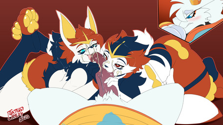 anthro anthro_on_anthro blue_body blue_eyes blue_fur blush bodily_fluids clothed clothing collaborative collaborative_fellatio collaborative_oral collaborative_sex cum cum_on_face fangs fellatio female first_person_view fur genital_fluids genitals group group_sex interspecies looking_pleasured male male/female male_pov multicolored_body multicolored_fur open_mouth open_smile oral orange_body orange_fur partially_clothed pawpads paws penile penis red_eyes saliva sex simple_background smile submissive submissive_male teeth threesome tongue tongue_out trio vein veiny_penis white_body white_fur yellow_pawpads tattoorexy mythology nintendo pokemon fan_character cinderace dragon generation_5_pokemon generation_8_pokemon lagomorph legendary_pokemon leporid mammal mythological_creature mythological_scalie pokemon_(species) reshiram scalie 2020
