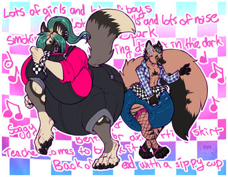 alternative_fashion anthro big_breasts big_diaper big_tail blue_diaper bottomwear breasts checkered checkered_background checkered_clothing clothed clothing dancing diaper diaper_under_clothing diaper_under_skirt duo ear_piercing ear_ring embarrassed female fishnet_clothing fishnet_legwear fluffy fluffy_tail highlights_(coloring) huge_breasts legwear lyrics male miniskirt music object_in_mouth overalls pacifier pacifier_in_mouth pattern_background pattern_clothing pawpads piercing raised_leg ring_piercing scene_(fashion) shortalls simple_background skirt tail unclean_diaper used_diaper wearing_diaper farorenightclaw aardwolf african_wild_dog canid canine hyena mammal 2025 story story_at_source story_in_description nonbinary_(lore)