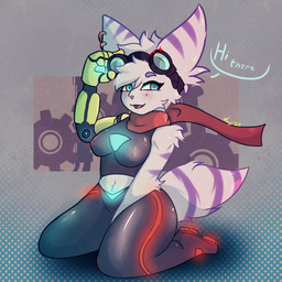 5_fingers anthro biped blue_eyes bottomwear breasts clothed clothing cybernetic_arm cybernetic_limb dialogue dotted_background ear_piercing exposure_variation eyewear female fingers footwear goggles kneeling looking_at_viewer midriff nipple_outline pants pattern_background piercing scarf shoes simple_background sleeveless_shirt solo talking_to_viewer text tight_clothing topwear nagifur ratchet_and_clank sony_corporation sony_interactive_entertainment rivet_(ratchet_and_clank) lombax mammal 1:1 2020 absurd_res digital_drawing_(artwork) digital_media_(artwork) english_text hi_res
