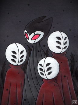 2_horns 6_eyes ambiguous_gender anthro biped cloak clothed clothing group horn logo multi_eye red_cloak red_clothing red_eyes standing netmors hollow_knight_(franchise) team_cherry grimmchild_(hollow_knight) arthropod weaver_(hollow_knight) 2020 acrylic_painting_(artwork) artist_logo hi_res painting_(artwork) traditional_media_(artwork) traditional_painting_(artwork)