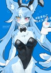 2024 5_fingers ahoge anthro big_breasts biped black_bow_tie black_clothing black_leotard blue_background blue_body blue_fur blue_hair blush blush_lines bow_tie breasts bunny_costume chest_tuft claws cleavage clothed clothing costume crossgender crotch_lines curvy_figure dipstick_tail domestic_cat eyebrow_through_hair eyebrows eyelashes eyelashes_through_hair fake_ears fake_rabbit_ears felid feline felis female fingers fur hair heart_symbol heterochromia hi_res hourglass_figure inner_ear_fluff japan_air_self-defense_force japanese_text kemono kikury leotard long_hair looking_at_viewer male_(lore) mammal markings mtf_crossgender multicolored_body omaneko_(jasdf) pawpads portrait red_eyes shirt_collar shirt_cuffs simple_background small_waist solo tail tail_markings text thick_thighs three-quarter_portrait translucent translucent_hair tuft two_tone_body wide_hips yellow_eyes