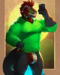 anthro bulge cellphone claws clothed clothing electronics facial_spikes feathers green_body green_clothing green_scales green_sweater green_topwear grey_body grey_scales grin hand_in_pocket jockstrap male muscular muscular_anthro muscular_male partially_clothed phone pockets presenting red_body red_feathers red_scales scales selfie showing_teeth simple_background smile solo spikes spikes_(anatomy) spines standing sweater teeth topwear underwear yellow_eyes dwalker tagg dinosaur prehistoric_species reptile scalie theropod tyrannosaurid tyrannosauroid tyrannosaurus tyrannosaurus_rex 2018 4:5 hi_res