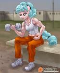 abs aged_up anthro anthrofied biped bodily_fluids breasts clothing curls dumbbell exercise female freckled_breasts freckled_shoulders freckles muscular muscular_anthro muscular_female patreon_logo prison prison_uniform shirt sitting solo sweat tank_top text topwear uniform website_logo weights workout smudge_proof friendship_is_magic hasbro my_little_pony patreon cozy_glow_(mlp) hi_res url