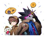 anthro black_body blush brown_hair candy chocolate dessert detective detective_hat food group hair horn male scarf trio white_body muna_digimon bandai_namco digimon digimon_ghost_game hiro_amanokawa digimon_(species) gammamon gulusgammamon human mammal hi_res