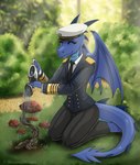 anthro clothing eyes_closed female garden gardening horn kneeling peaceful solo tail uniform wings shamziwhite mythology rymora dragon mythological_creature mythological_scalie scalie tagme