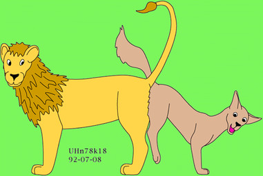 brown_body brown_fur duo feral fur grass green_background knotting larger_sub looking_back male male/male plant simple_background size_difference smile submissive yellow_body yellow_fur urbanhermit canid canine felid lion mammal pantherine 1992 dated