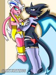 3:4 against_surface against_wall anthro blush charizard clothing duo eeveelution female female/female generation_1_pokemon generation_6_pokemon nintendo pokemon pokemon_(species) ribbons_(anatomy) shiny_pokemon skurth66 sylveon tail tall_woman_lifting_short_woman wings