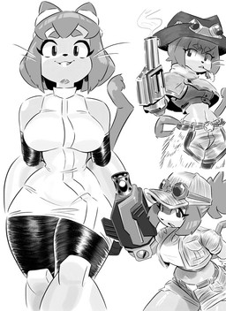 anthro arm_cannon belt bottomwear breasts clothing eyebrows eyelashes eyewear eyewear_on_head female goggles goggles_on_head gun_arm hat headgear headwear looking_at_viewer midriff shorts smile solo weapon_arm whiskers wide_hips degenerat012 gameoverse glitch_productions kit_bodega domestic_cat felid feline felis mammal 2026 monochrome