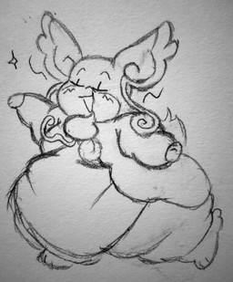ambiguous_gender anthro belly belly_overhang belly_rolls big_belly big_cheeks biped blush chubby_cheeks confident dancing eyes_closed fat_arms fat_legs fat_rolls happy morbidly_obese obese obese_ambiguous obese_anthro open_mouth open_smile overweight overweight_ambiguous overweight_anthro pose simple_background smile solo tail three-quarter_view alt_for_fat_art nintendo pokemon bovid bovine generation_6_pokemon mammal mega_audino mega_evolution pokemon_(species) 2023 absurd_res full-length_portrait graphite_(artwork) greyscale hi_res monochrome portrait sketch traditional_media_(artwork)