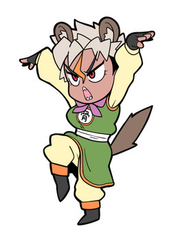 blonde_highlights chibi clothing cosplay fantasy female grey_hair hair highlights_(coloring) pose posing_for_picture red_eyes sharp_teeth solo tanned_skin teeth warrior fang_honebuchi_(artist) dragon_quest dragon_quest_iii square_enix vtuber fang_honebuchi animal_humanoid humanoid hyena hyena_humanoid mammal mammal_humanoid 2020 digital_media_(artwork) hi_res
