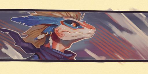 abstract_background ambiguous_gender anthro blue_body blue_feathers border clothing ear_piercing ear_ring feathers hair orange_body orange_hair orange_scales piercing ring_piercing scales scarf solo yellow_border kounalix mythology dragon lizard mythological_creature mythological_scalie reptile scalie hi_res