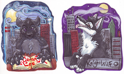 ambiguous_gender anthro black_body black_fur black_nose book brown_eyes chest_tuft city claws cloud ears_back feral full_moon fur grey_body grey_fur looking_at_viewer male moon night open_mouth paws pink_tongue pivoted_ears purple_eyes snout solo text tongue tongue_out tuft whiskers white_body white_fur blondefoxy canid canine canis felid mammal pantherine wolf 2008 bust_portrait character_badge_(artwork) character_name marker_(artwork) multiple_images pen_(artwork) portrait shaded traditional_media_(artwork)