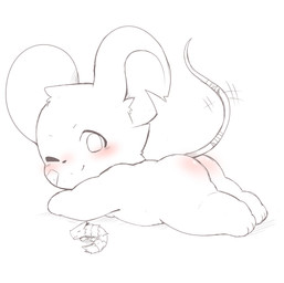 anthro blush butt lying male one_eye_closed simple_background slightly_chubby smile solo white_background wink young toruu mammal mouse murid murine rodent 2025 absurd_res hi_res