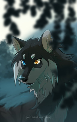 ambiguous_gender black_body black_fur black_nose blue_eyes cheek_tuft eyebrows eyelashes facial_tuft feral fur grey_body grey_eyebrows grey_fur heterochromia inner_ear_fluff long_snout looking_away orange_eyes outside plant snout solo tree tuft azzai azzai_wanderia_(azzai) canid canine canis mammal wolf 2016 colored digital_drawing_(artwork) digital_media_(artwork) shaded