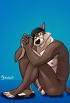 anthro areola armpit_hair ball_tuft balls bent_legs biceps blep blue_background bodily_fluids body_hair claws clothing eyebrows flaccid foreskin fur genital_fluids genitals glans hat headgear headwear humanoid_genitalia humanoid_penis looking_at_viewer male muscular muscular_anthro muscular_male nipples nude pecs penis plantigrade precum scar shadow side_view simple_background sitting smile solo tongue tongue_out tuft unretracted_foreskin berngruff epic_games fortnite wendell_(fortnite) canid canine canis mammal wolf 2025 absurd_res hi_res signature