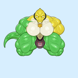 abs anthro biceps big_muscles big_pecs bulge candy clothing collar dessert food green_body hands_behind_back kneeling male muscular muscular_anthro muscular_male muscular_thighs pecs quads sheriff_badge solo spikes spikes_(anatomy) tail underwear white_body yellow_body awa1582 glitch_productions the_amazing_digital_circus gummigoo_(tadc) crocodile crocodilian food_creature living_candy reptile scalie hi_res