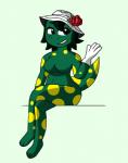 anthro breasts clothing crossed_legs featureless_breasts female flower gloves handwear hat headgear headwear non-mammal_breasts plant rose_(flower) simple_background smile solo justtaylor the_wiggles dorothy_the_dinosaur dinosaur prehistoric_species reptile rosasaur scalie theropod 2018 digital_media_(artwork) hi_res